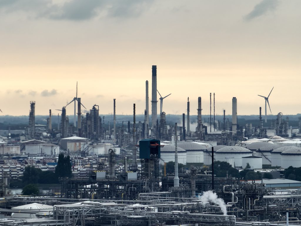 Aerial drone image of an industrial site captured by Skeye, showing tanks, pipelines, and infrastructure from above.